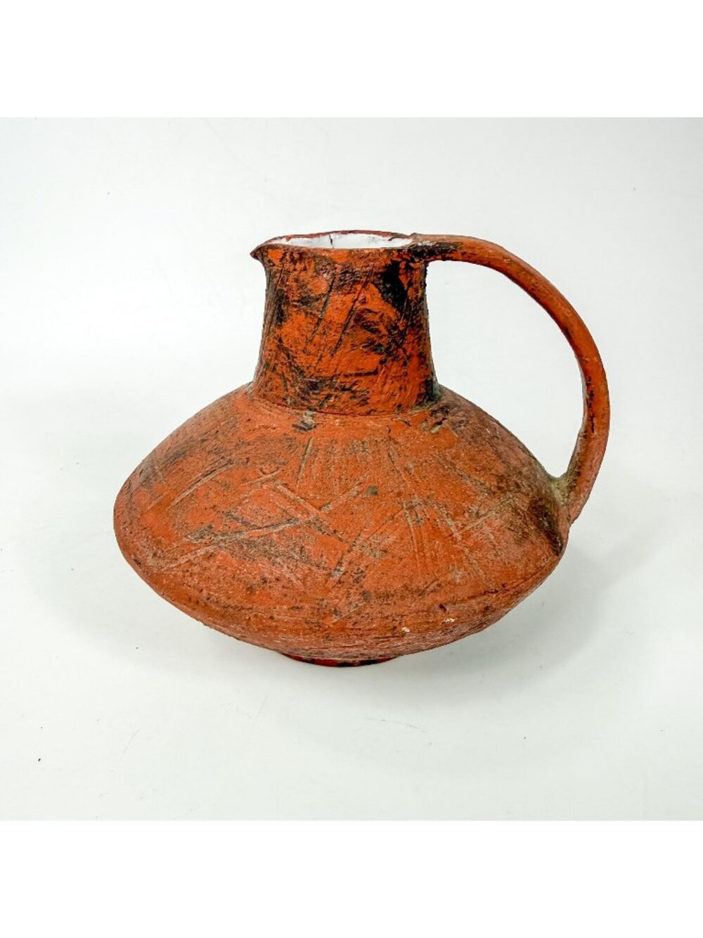 Vintage Brutalist Modernist Sgraffito Terracotta Squatty Pitcher Italy